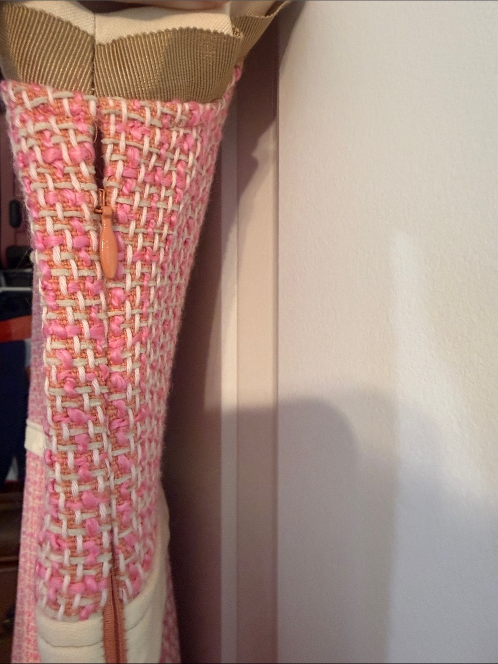 Anthropologie Maeve Pink/Rose Tweed Zip-Front Dress with Cream Trim - Picture 6 of 10